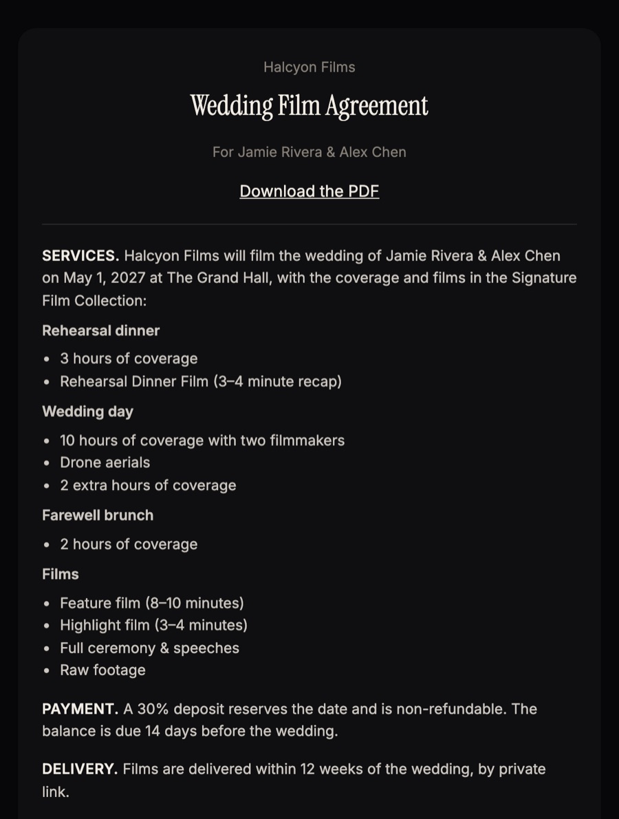 A wedding videography contract made in Cueday